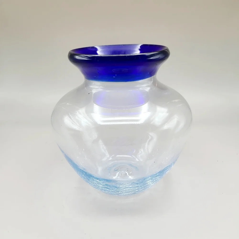 Clear Glass Vase with Cobalt Blue Rim & Handblown Crackled Bottom
